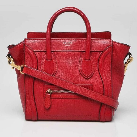 Celine Red Pebbled Leather Nano Luggage Tote Bag - Picture 1 of 10